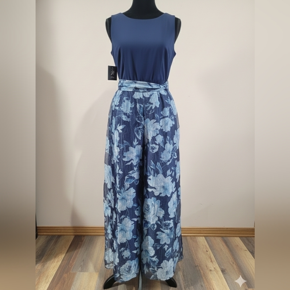 ​JH Evenings Floral Maxi Dress Size 16 NWT Navy Blue Sleeveless Chiffon Formal